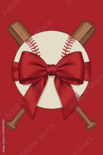 A sports logo featuring a baseball decorated with a large bright red bow against the background of two crossed wooden bats.