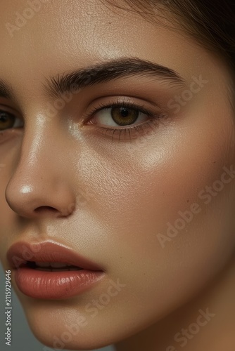 A girl's face with natural nude makeup, emphasizing thick, expressive eyebrows, light gloss on the lips, and fresh, radiant skin with a dewy finish.