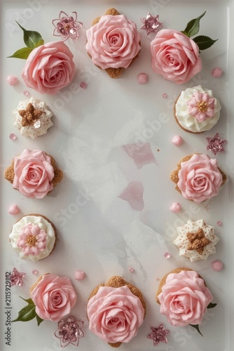 An elegant floral frame lined with luxurious pink roses, small inflorescences and decorative elements with empty space in the center for text or photos.
