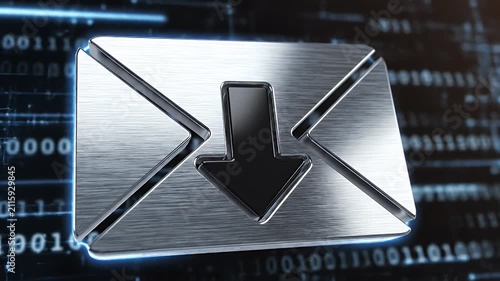 Sleek metallic envelope icon with a bold download arrow against a digital binary backdrop