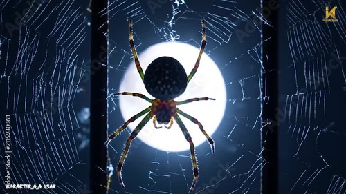 Large spider on web against full moon in dark night sky