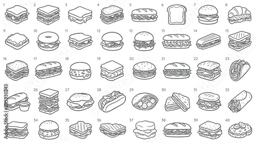 A comprehensive collection of 40 distinct sandwich and burger illustrations, presented in a clean, isometric line art style.