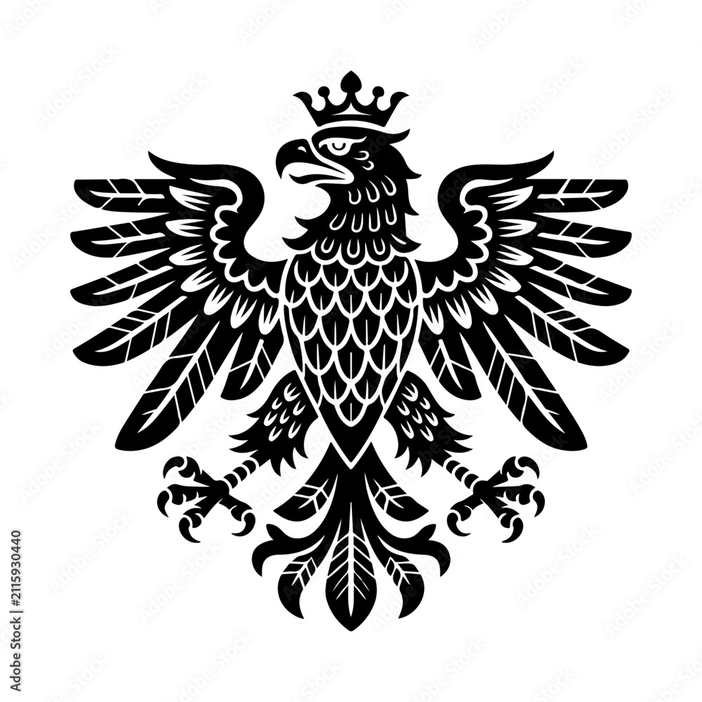Fototapeta premium A vector heraldic illustration of an eagle with spread wings holding a blank shield on its chest, on white background. Design element for logo, label, sign. Vector illustration