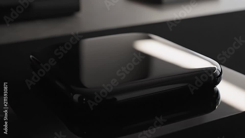 Sleek, glossy white and black wireless charging pad resting on a reflective black surface