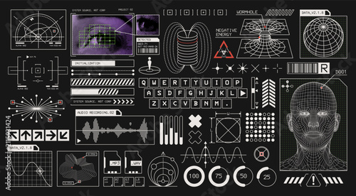 Mega Set of Futuristic UI Elements and Cyberpunk Interface Components, Sci-Fi HUD Shapes, Frames and Micrographic Design Assets for Technology Dashboard Templates.