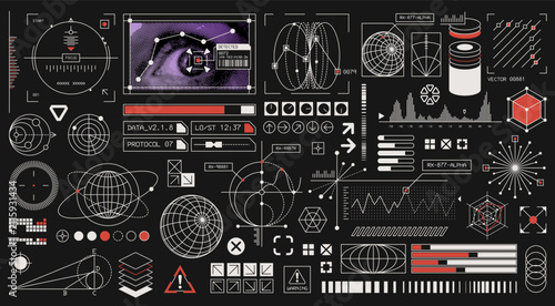 Mega Set of Futuristic UI Elements and Cyberpunk Interface Components, Sci-Fi HUD Shapes, Frames and Micrographic Design Assets for Technology Dashboard Templates.