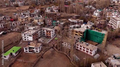 Aerial view of Leh City Market and surrounding buildings in the mountain town of Leh, Ladakh, India.