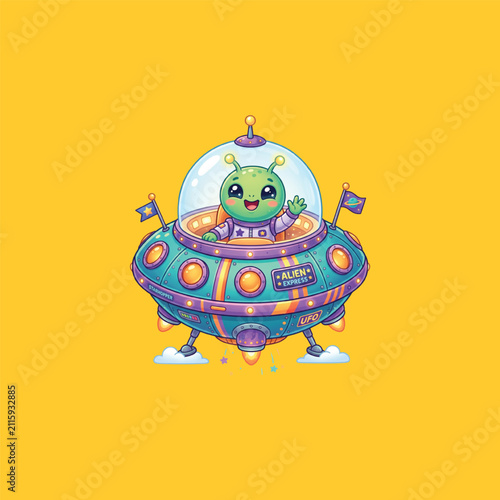 Картината върху платно Adorable green alien character waving from a vibrant UFO spaceship against a yel