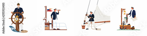 Foto Set of male ship captain and sailor characters in navy uniforms performing maritime tasks including steering, navigating with a telescope, and handling ropes