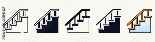 Staircase Outline, Solid, and Colored Illustration Set