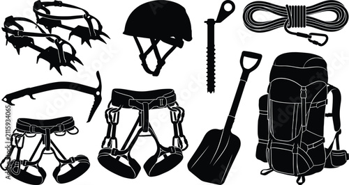 Bild auf Leinwand Alpinism and mountaineering equipment silhouette vector set with ice axe, crampo