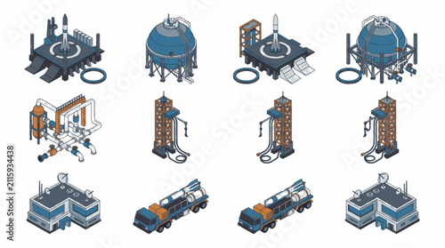 Cuadro en lienzo Isometric illustrations of space launch facilities, rockets, and related infrastructure in a clean, modern style