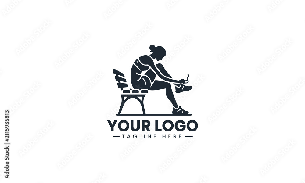 Fototapeta premium Black Image Vector Logo of Woman Runner Tying Shoelace on Bench, Pre Workout Fitness Routine