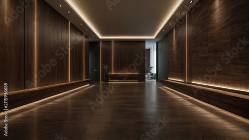 Long hallway with wooden walls and flooring, 3d render style background - Generative AI