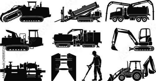 Underground utility construction and heavy machinery silhouette set featuring trenchers, directional drills, and excavators