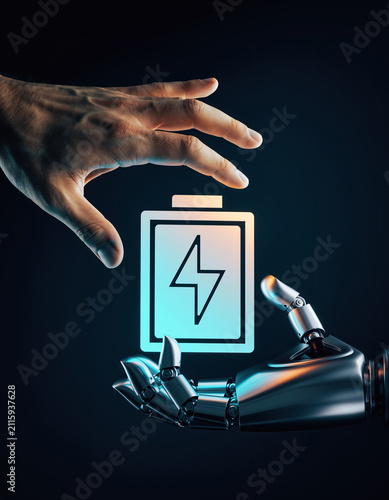 Human hand and robotic hand interact with glowing battery symbol in a dark background