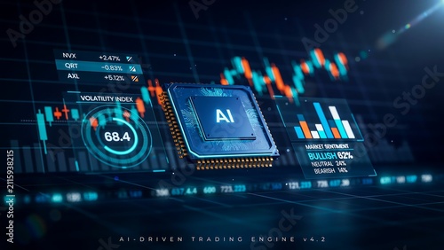 Ai processor chip surrounded by financial stock market charts and volatility index data
