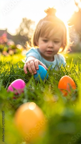 Child's hand reaches for colorful eggs during a sunny outdoor event