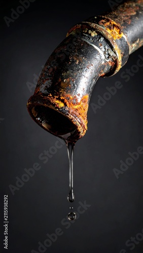 Close up of a rusted metal pipe leaking water from a corrosion point