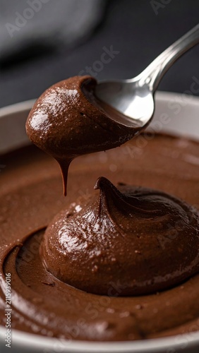Close up photograph of a silver spoon scooping into a bowl of chocolate mousse