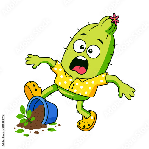 фотографія Shocked cactus character stumbling over a spilled paint container