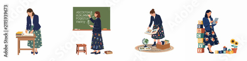 Set of flat illustrations showing a female teacher writing on a desk, teaching at a chalkboard, reading books, and using a digital tablet.