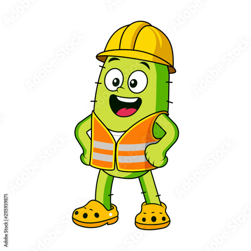 Cactus construction worker wearing a safety helmet and reflective vest.