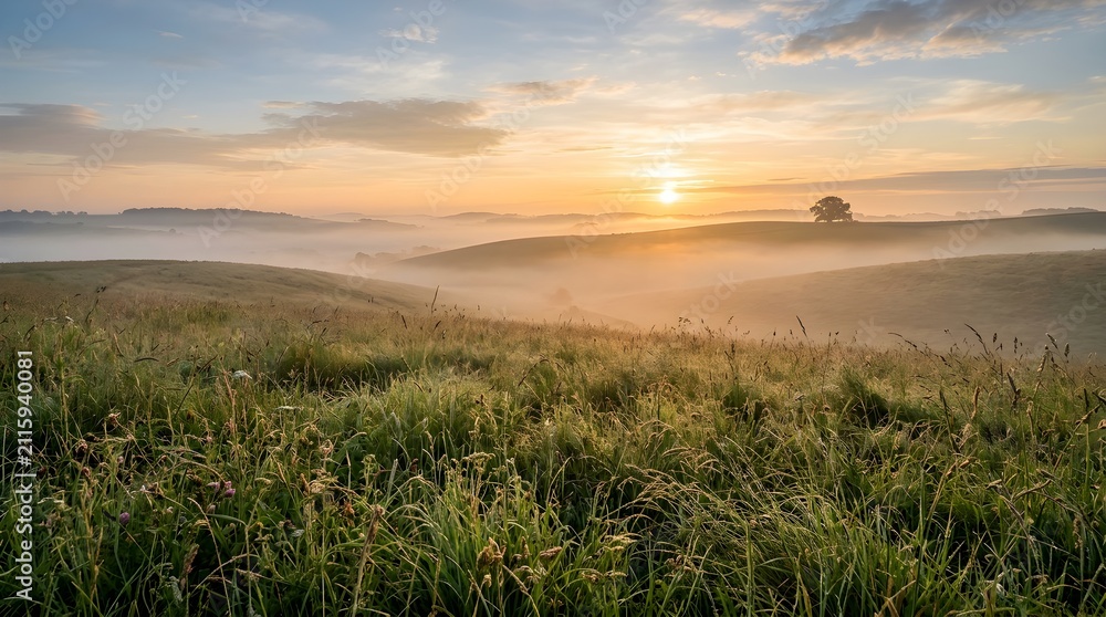 Fototapeta premium Breathtaking Morning Sunrise Over a Rolling Misty Meadow Landscape with Golden Sunlight Illuminating a Peaceful Countryside Field