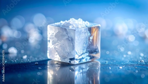 Close up view of a clean, cube shaped crystal of flaky salt on a shiny surface