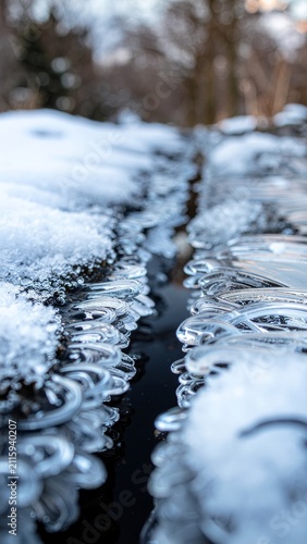 Focus on the surface of a frozen puddle with ice patterns and snow around it