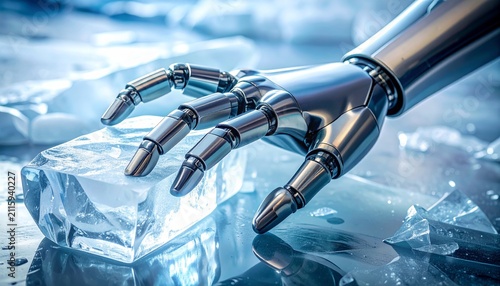 Polished chrome robotic hand grips an ice block close up on a reflective surface
