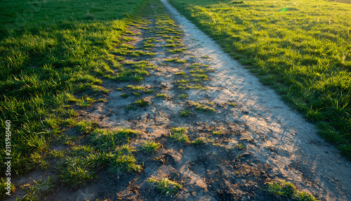 Trampled grass path worn down to dirt from high foot traffic in an open field