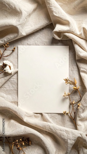 Blank rectangle on beige linen background with dried flowers around for text placement