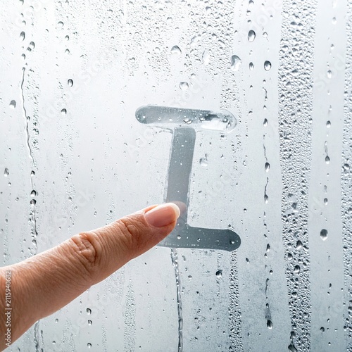 Letter I drawn on a foggy bathroom mirror with finger and water droplets on surface
