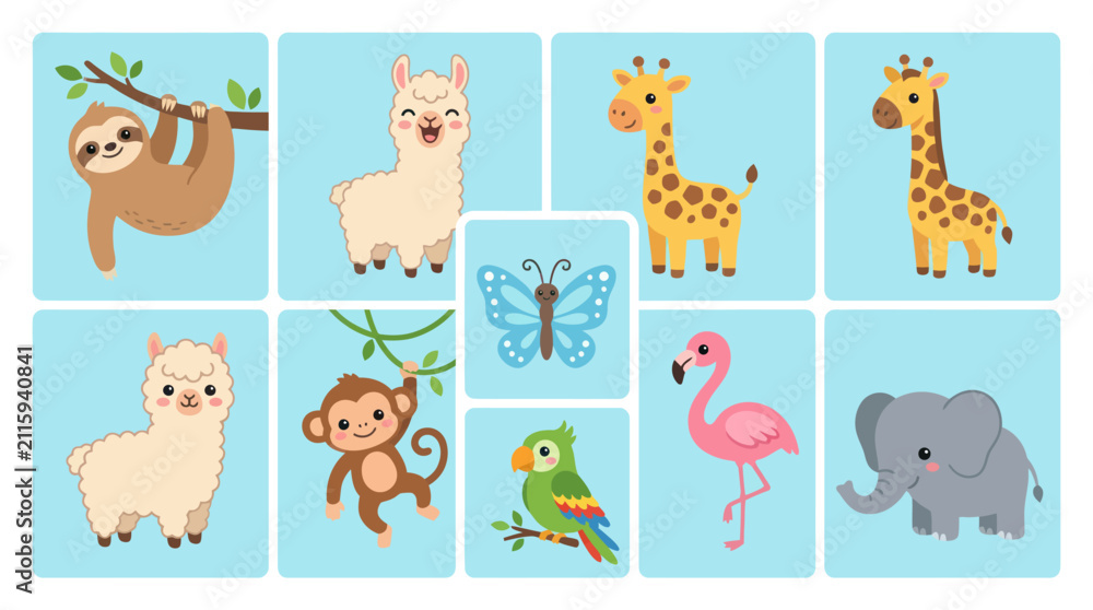 Fototapeta premium Cute cartoon animals on blue background