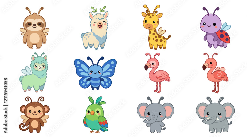 Fototapeta premium Cute cartoon animals with wings set