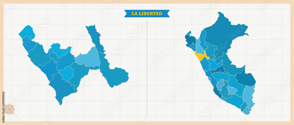 Fototapeta premium La Libertad Region Highlighted in Peru Map, Modern Peru and La Libertad Administrative Map, Colorful High Detailed Vector with Geographical Borders