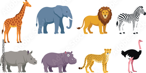 Canvas Print African Safari Wild Animals Flat Vector Character Set Isolated on White Backgrou