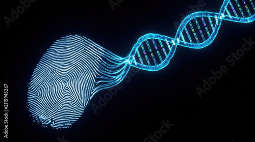 Unique fingerprint merging with glowing DNA strand symbolizing biotechnology innovation for cancer treatment and genetic research