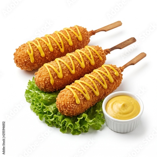 Golden Deep Fried Corn Dogs with Yellow Mustard Zigzag Drizzle Presentation Isolated.