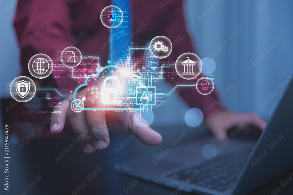Fototapeta premium Businessman Utilizing Artificial Intelligence for Cloud Cybersecurity Management, Advanced Data Protection, and Secure Network Infrastructure.