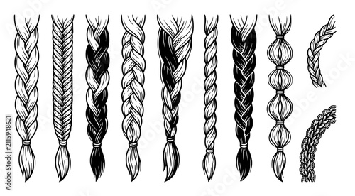 Detailed collection of intricate braided hairstyles and hair knot illustrations in black and white line art for beauty and fashion design projects