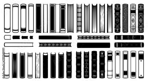 Extensive library book spine collection in vintage black and white vector illustration for literary and academic design projects