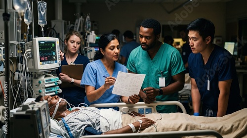 Professional intensive care team reviewing patient records beside a hospital bed in a busy emergency unit, african american and asian clinicians coordinating treatment