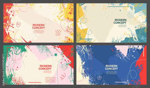 Vector illustration. Paint brush strokes and hand-drawn doodle elements. Trendy abstract color design for presentation template, web banner, advertising. Bright background in colorful childish style.