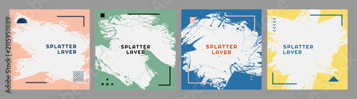 Vector illustration. Abstract colorful square overlay set with geometric elements. Paint brush stroke layers with linear frame. Design for social media banner, web template, advertising, marketing