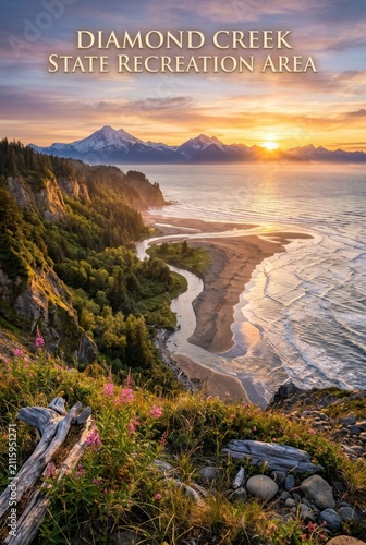Diamond Creek State Recreation Area Alaska a Beautiful scenic coastal sunset landscape with mountains creek winding to ocean and wildflowers in foreground