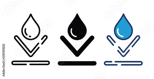 Waterproof Icons Representing Water Resistance, Droplet Protection, Moisture Repelling, and Liquid Shield Concepts in Outline, Solid, and Colored Vector Styles