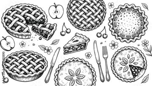 Vintage Hand Drawn Delicious Sweet Pies and Tarts Collection Featuring Apple Cherry Berry Lattice Crusts Slices Knife and Fork Vector Graphic Illustration