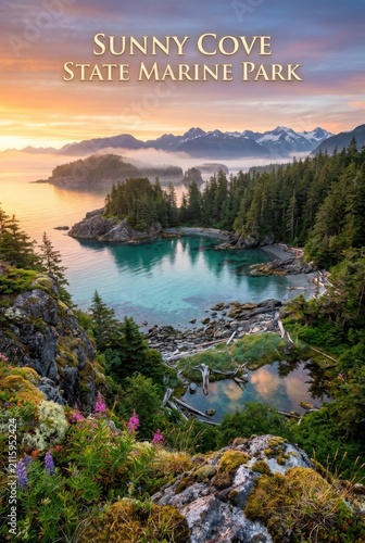 Sunny Cove State Marine Park Alaska a Vibrant coastal panorama showcasing a serene bay, lush evergreen forests, and majestic islands under a breathtaking dawn sky